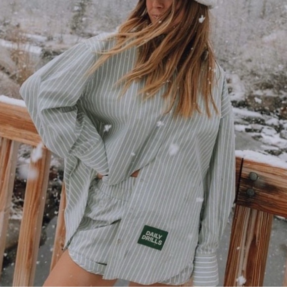 Daily Drills Tops - Daily drills green/white oversized button up